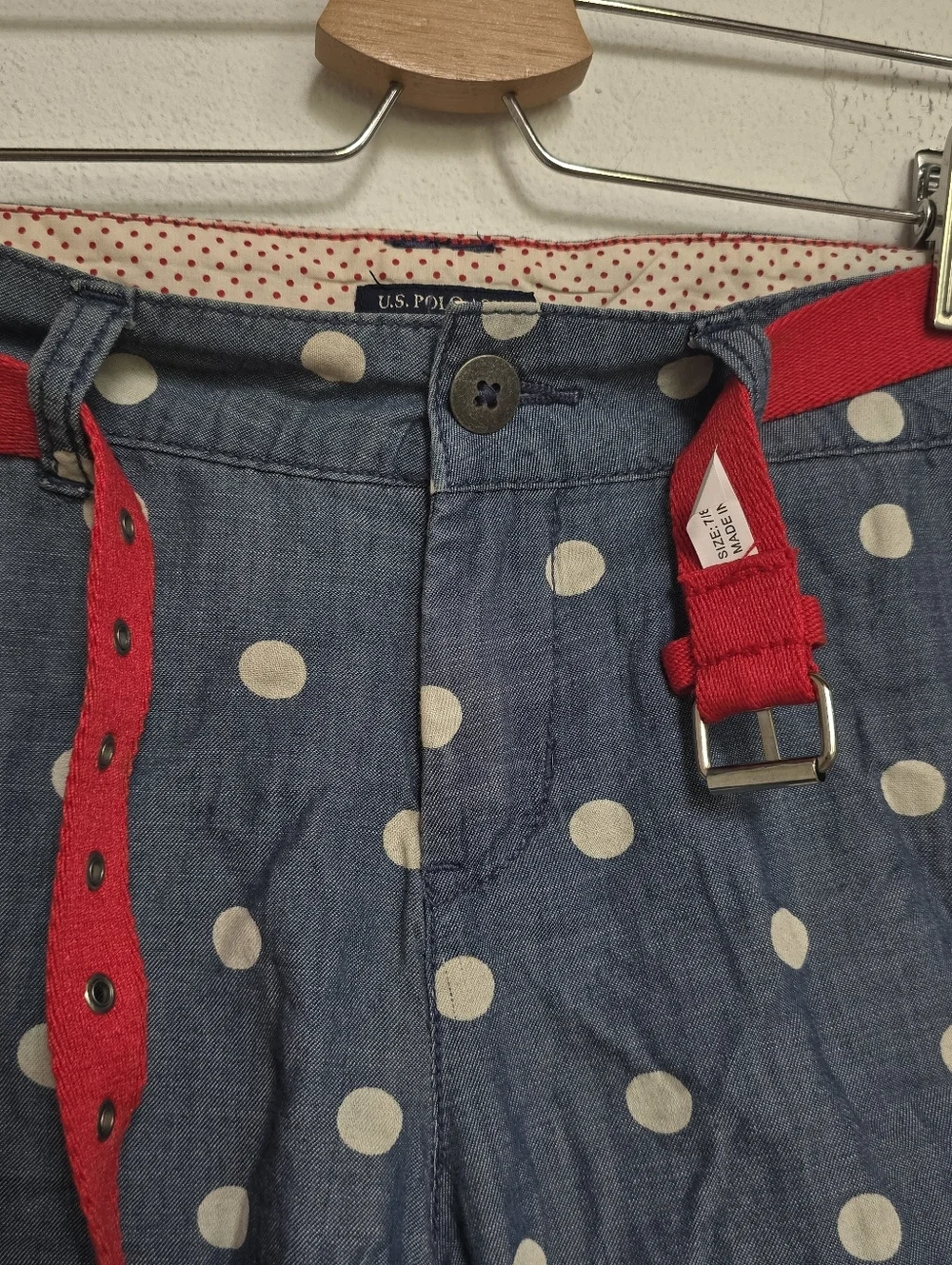 U.S. Polo Assn Polka Dot Chambray Shorts Red Belt Size 7 / 8